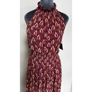 Taylor Dress 6 Colorful Midi Halter Ikat Tiered Flowy Pleated Ruffle Boho Chic